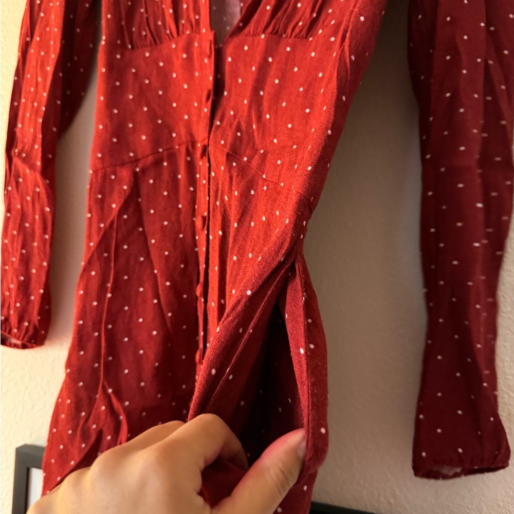 Reformation Rust Red Polka Dot Deep V Long-Sleeve Dress - Picture 7 of 8